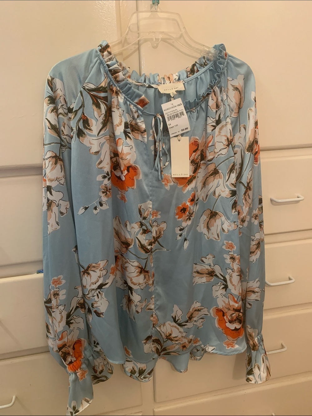 MELLODAY Sky Blue Floral Ruffle Peasant Blouse with Orange Accents